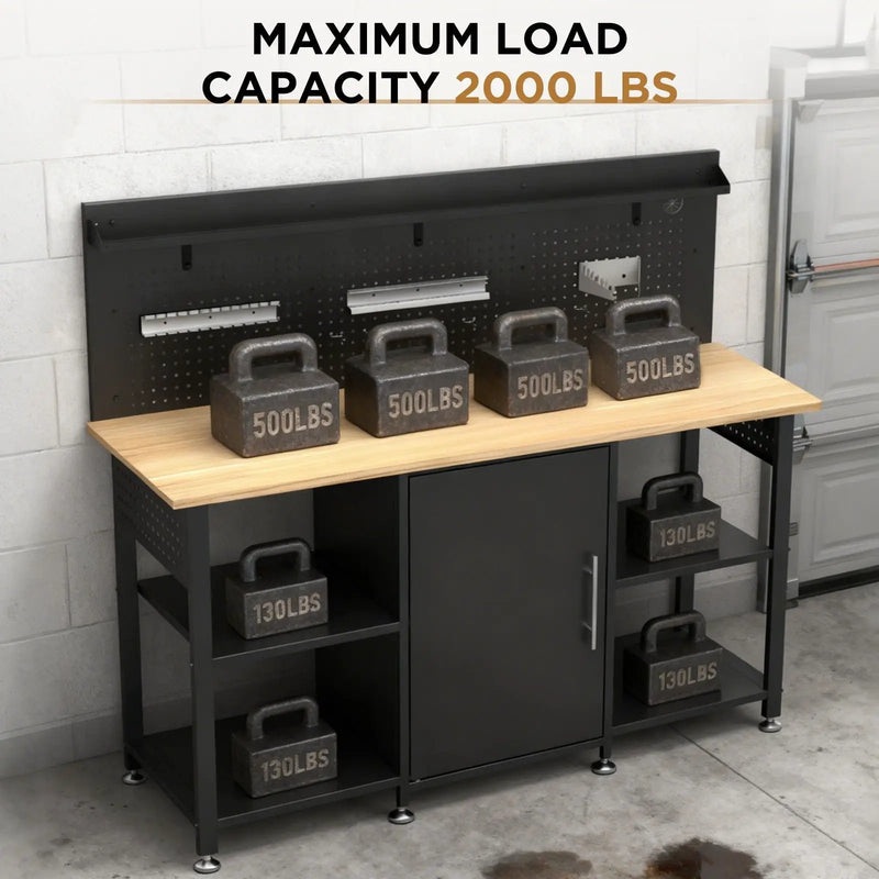 Workbench With Storage Cabinet And Pegboard - Black by HouseOfZazla