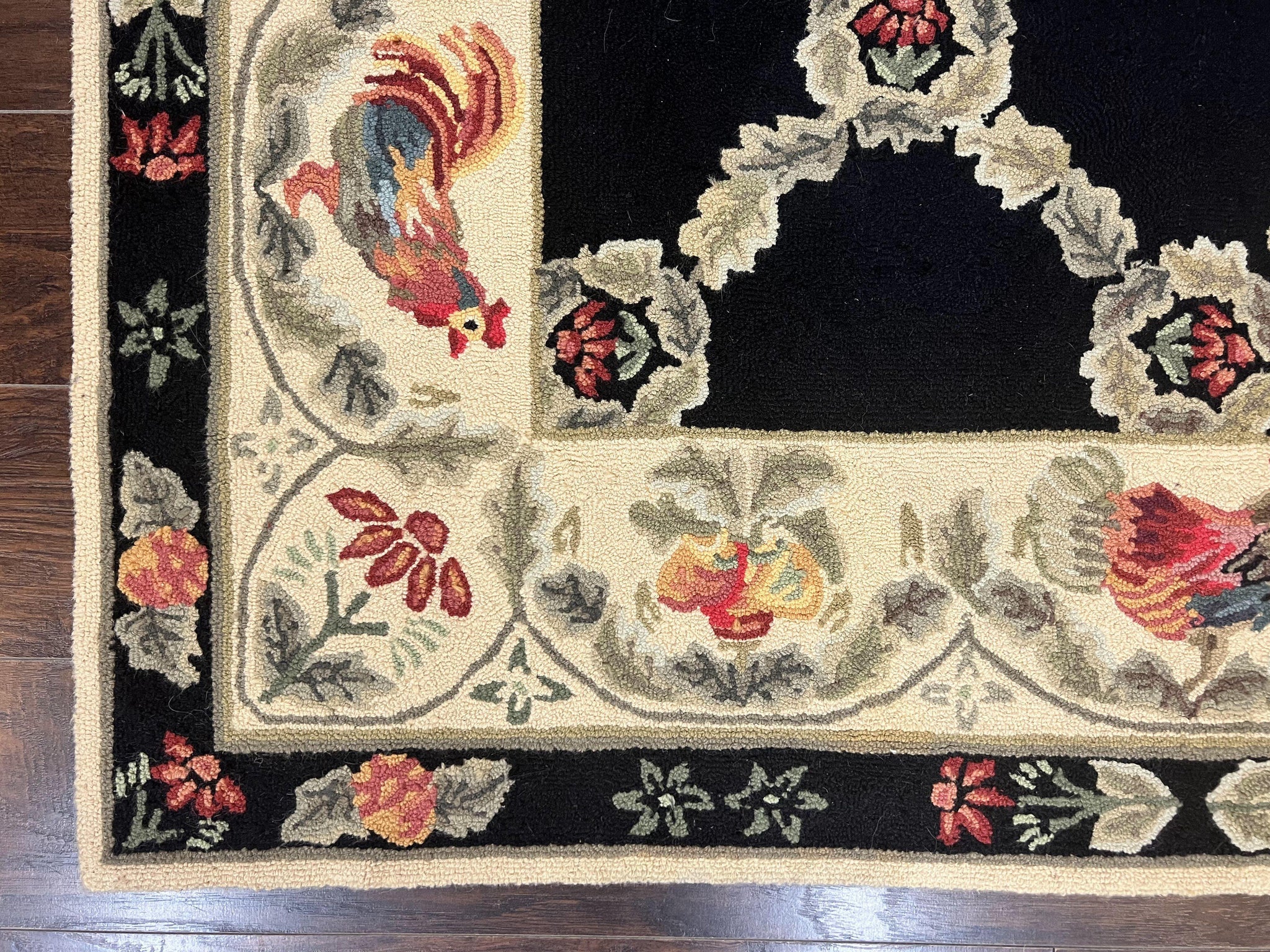 Hooked Rug 5x8, European Aubusson Pattern, Black and Ivory, Roses & Roosters, Vintage Wool Rug by Jewel Rugs