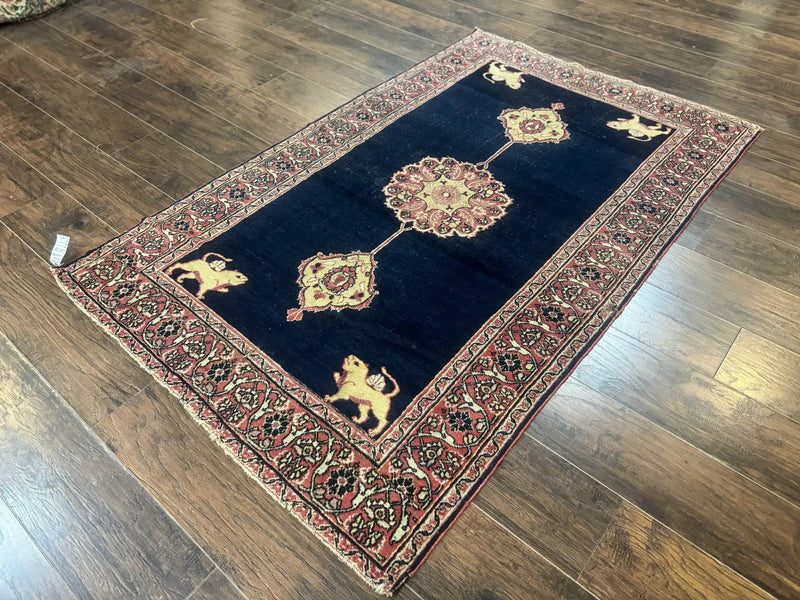 Antique Persian Mashad Rug 4x6, Semi Open Field, Navy Blue, Lion Pictorials, Triple Medallion, Dorokhsh Rug by Jewel Rugs