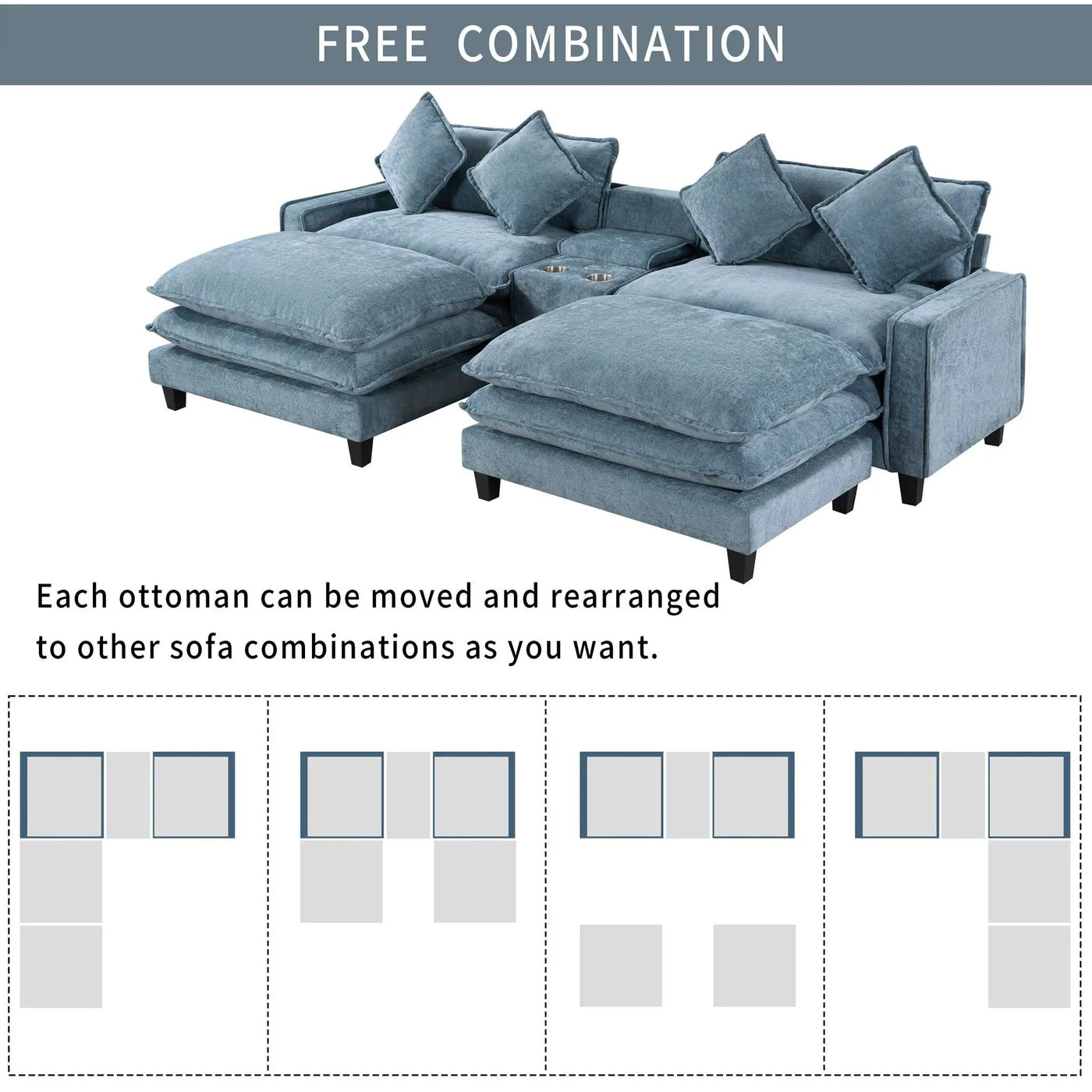 Modern Sectional Sofa With Removable Ottomans, USB Ports by HouseOfZazla