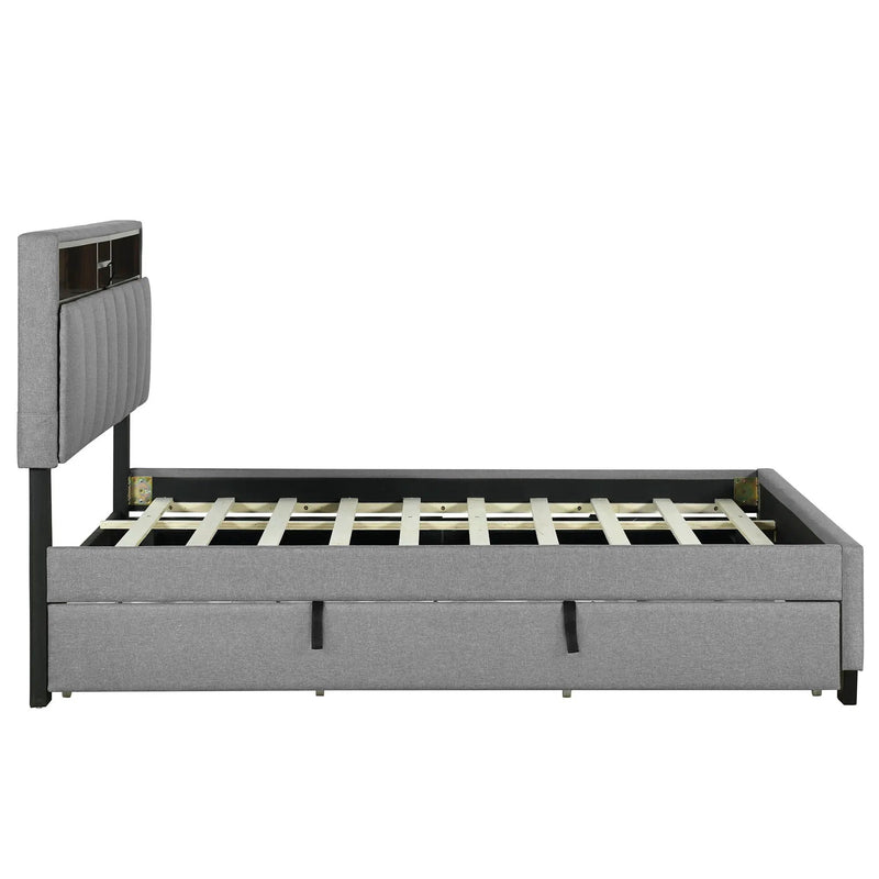Upholstered Platform Bed With Storage Headboard, Trundle & 2 Drawers And A Set Of Sockets & USB Ports by HouseOfZazla
