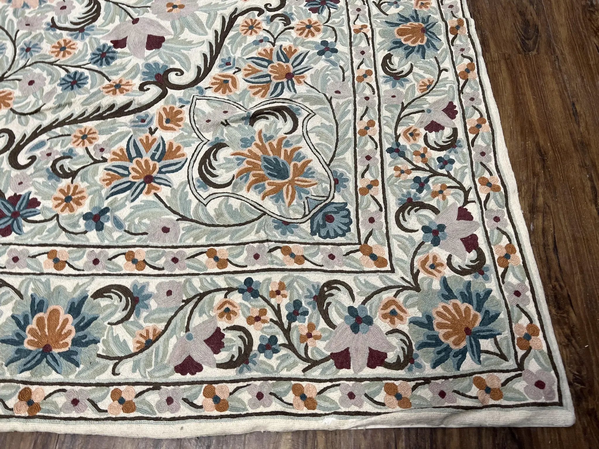 Chain Stitched Rug 9x12 Vintage Carpet 9 x 12 Flatweave Rug, Ivory Teal Rug, Area Rug 9 by 12, Hand Stitched Rug, Medallion, Indian Rug by Jewel Rugs
