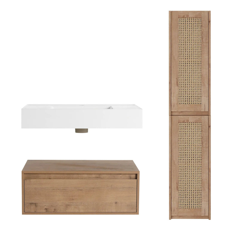 Modern Imitative Wall Mounted Bathroom Vanity With Resin Sink & 2 Side Cabinet, Soft Close Drawer - Imitative Oak by HouseOfZazla