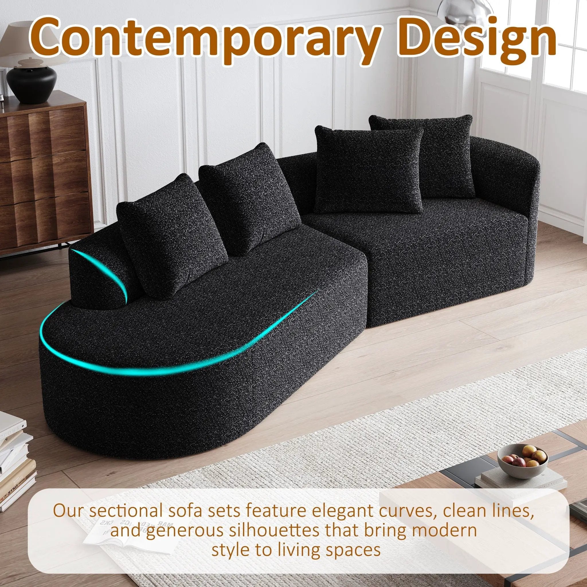 Upholstered Oversized Sectional Sofa, 4 Seater Extra Deep & Wide Seat Curved Cloud Couch With 4 Throw Pillows, Free Combination Living Room - Black by HouseOfZazla