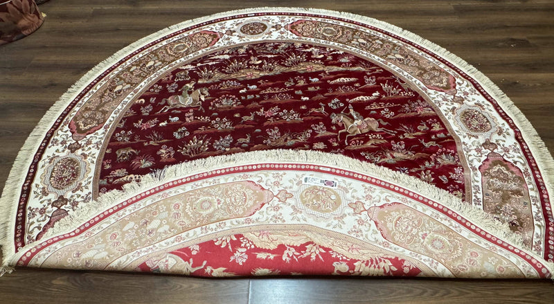 Large Round Turkish Silk Rug 8x8, Hunting Design, Dark Red & Ivory, Bamboo Silk by Jewel Rugs