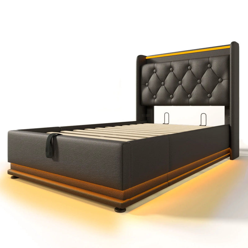 Upholstered Bed, 360 Surround LED Function, Remote Control, Hydraulic Storage Bed With USB, Type-C Charging (Without Mattress) by HouseOfZazla