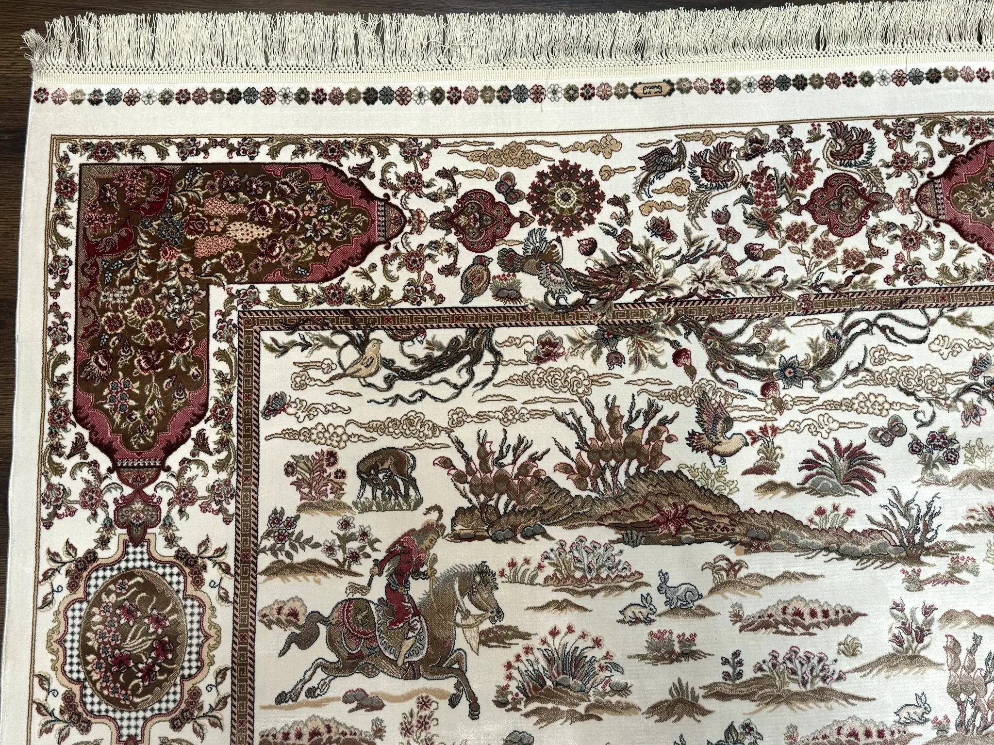 Turkish Silk Rug 5x8, Ivory, Hunting Design, Animal Pictorials, Bamboo Silk by Jewel Rugs