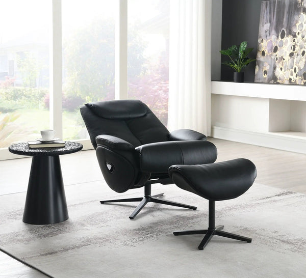 Labotina Top Grain Leather Accent Chair With Swivel & Ottoman - Black, photo 2 of 4