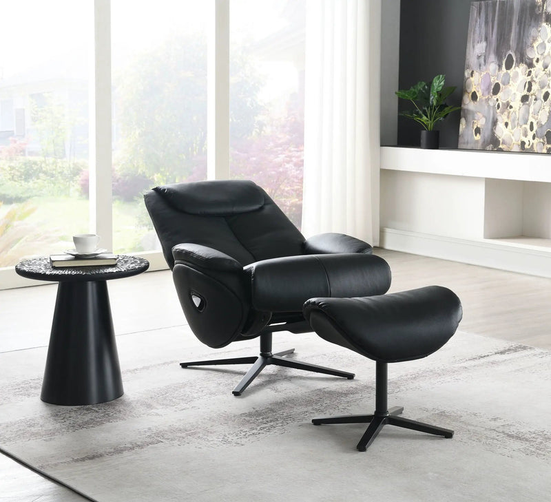 Labotina Top Grain Leather Accent Chair With Swivel & Ottoman - Black by HouseOfZazla