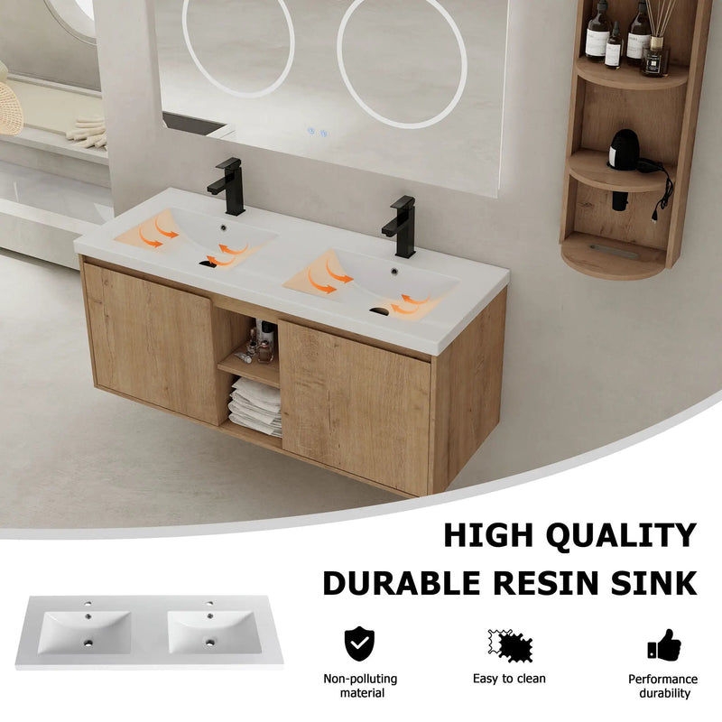48" Wall Mounted Bathroom Vanity With Double Resin Sink And Storage Rack Soft Close Doors Plywood Construction - Imitative Oak by HouseOfZazla
