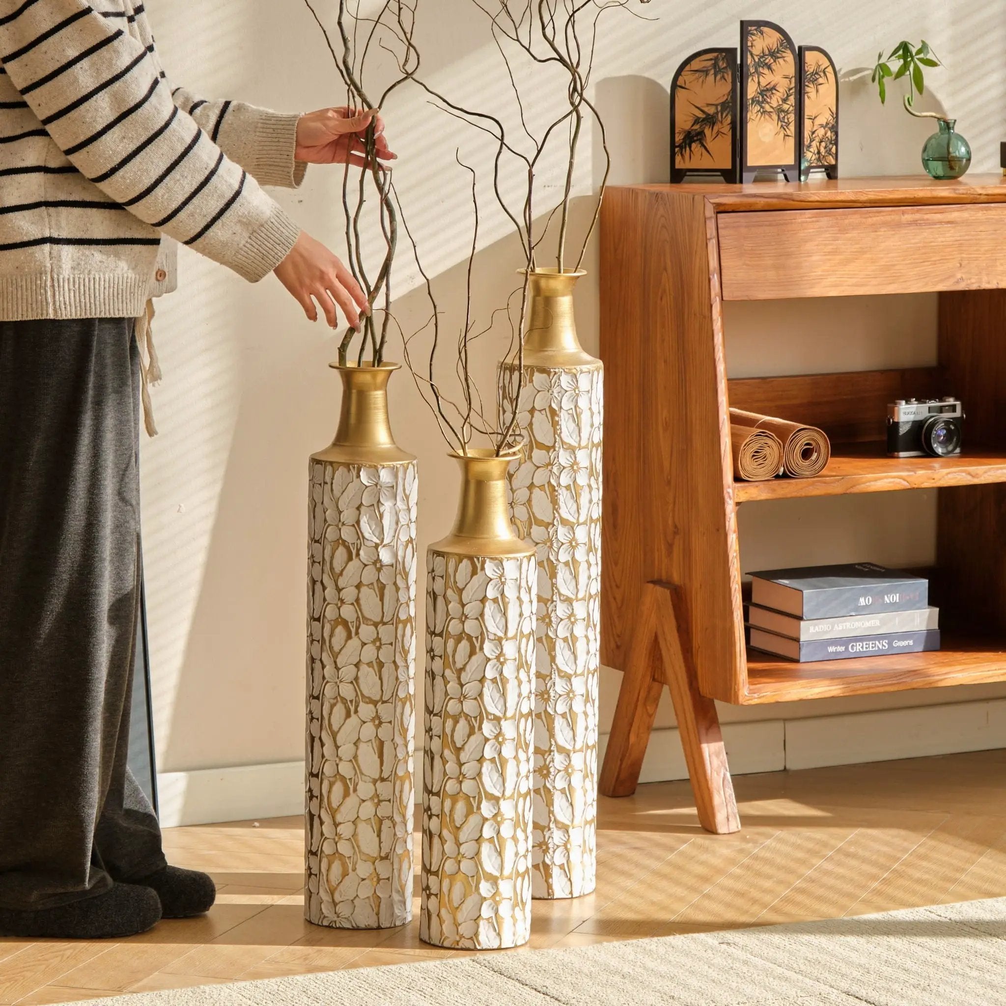 Floor Vases Large Decorative Set of 3 - Antique White & Gold by HouseOfZazla
