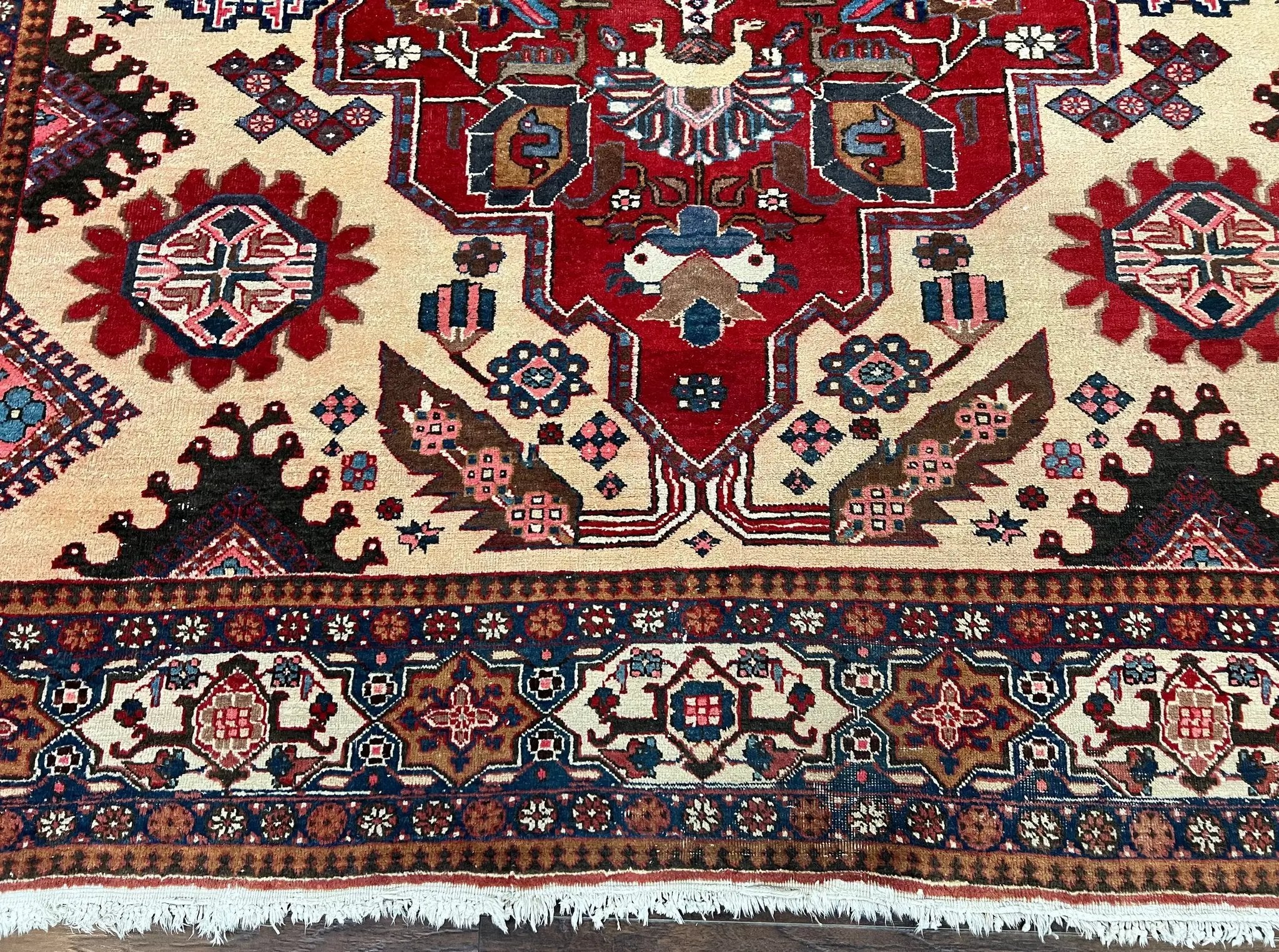 Antique Persian Heriz Rug 8x12 ft, Geometric Tribal Room Sized Carpet, Camel Hair Red Navy Blue, Wool Hand Knotted Medallion Oriental Carpet by Jewel Rugs