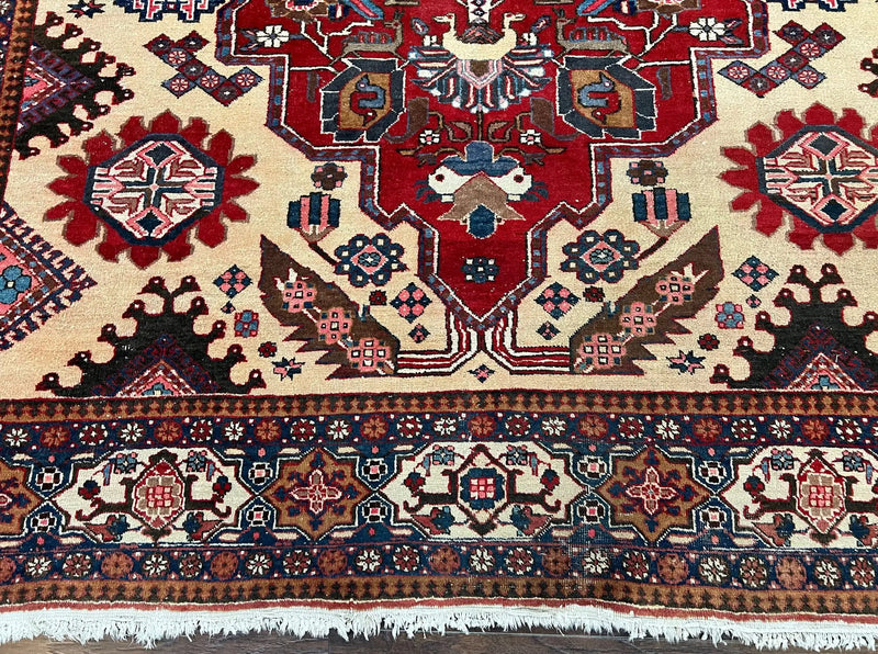 Antique Persian Heriz Rug 8x12 ft, Geometric Tribal Room Sized Carpet, Camel Hair Red Navy Blue, Wool Hand Knotted Medallion Oriental Carpet by Jewel Rugs