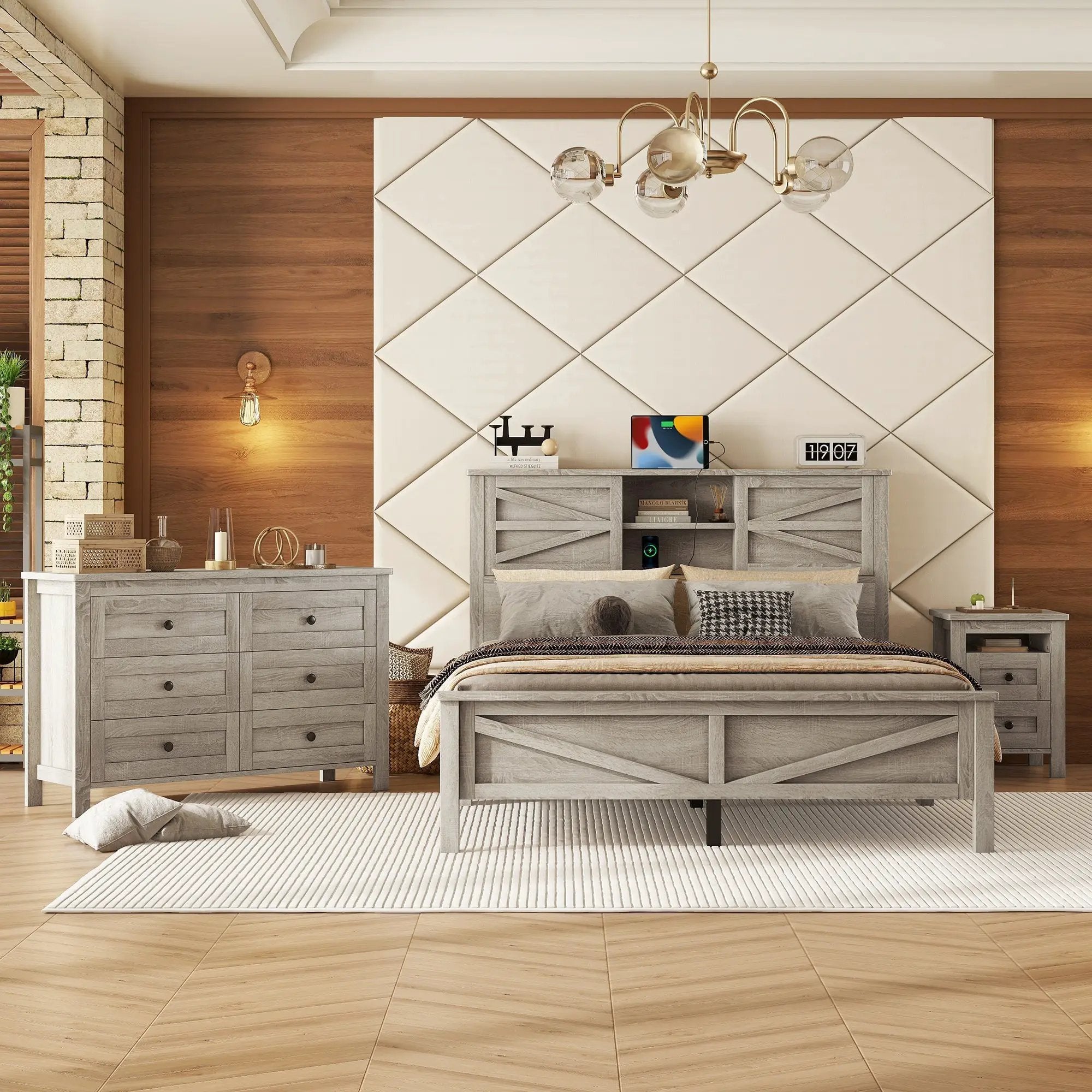 3-Pieces Bedroom Set Queen Size Farmhouse Platform Bed with Storage Headboard and Charging Station by HouseOfZazla
