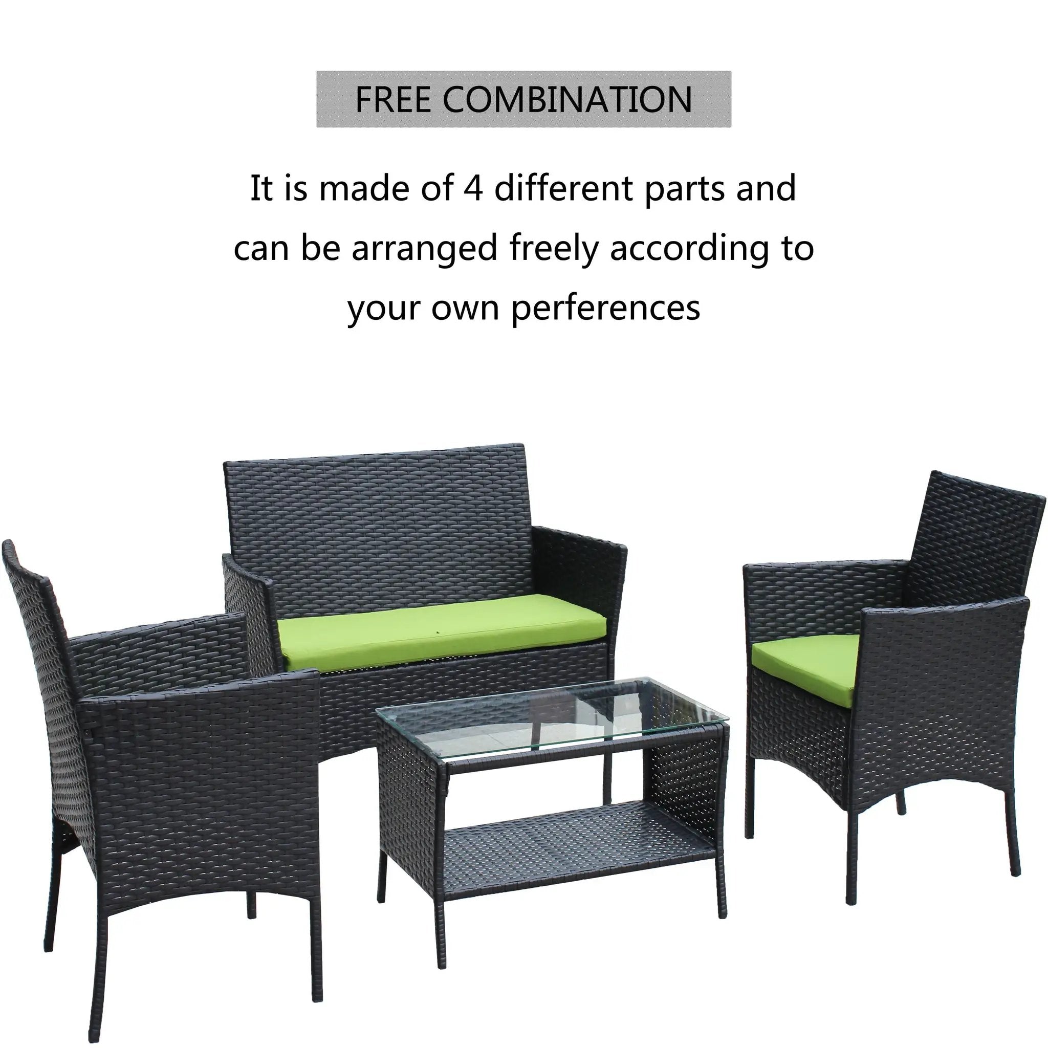 4 PC Rattan Patio Furniture Set Outdoor Cushioned Wicker Sofa Green Cushion by HouseOfZazla