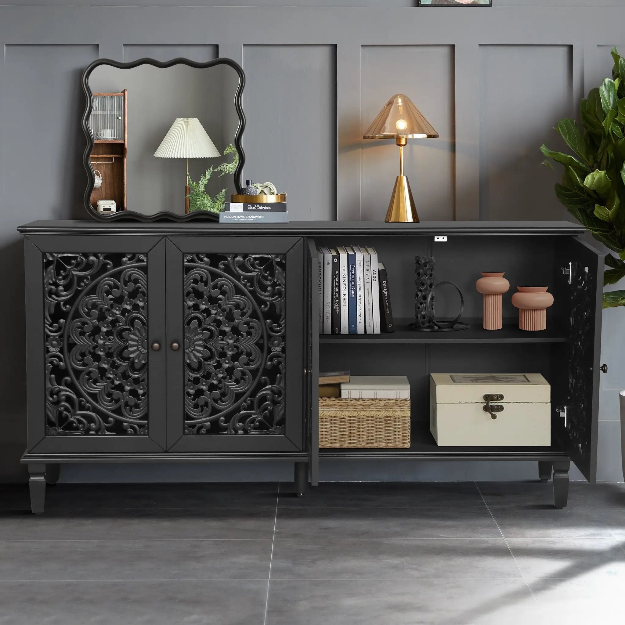 60" Antique Buffet Cabinet with Floral Carvings by HouseOfZazla