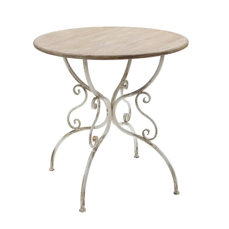 Round Wooden Table With Metal Scrollwork Legs - White Washed by HouseOfZazla