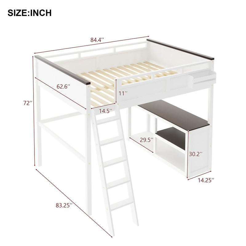 Queen Size Loft Bed With Desk, Open Shelf, Storage Box And USB Charging Station - White by Unique Piece Furniture