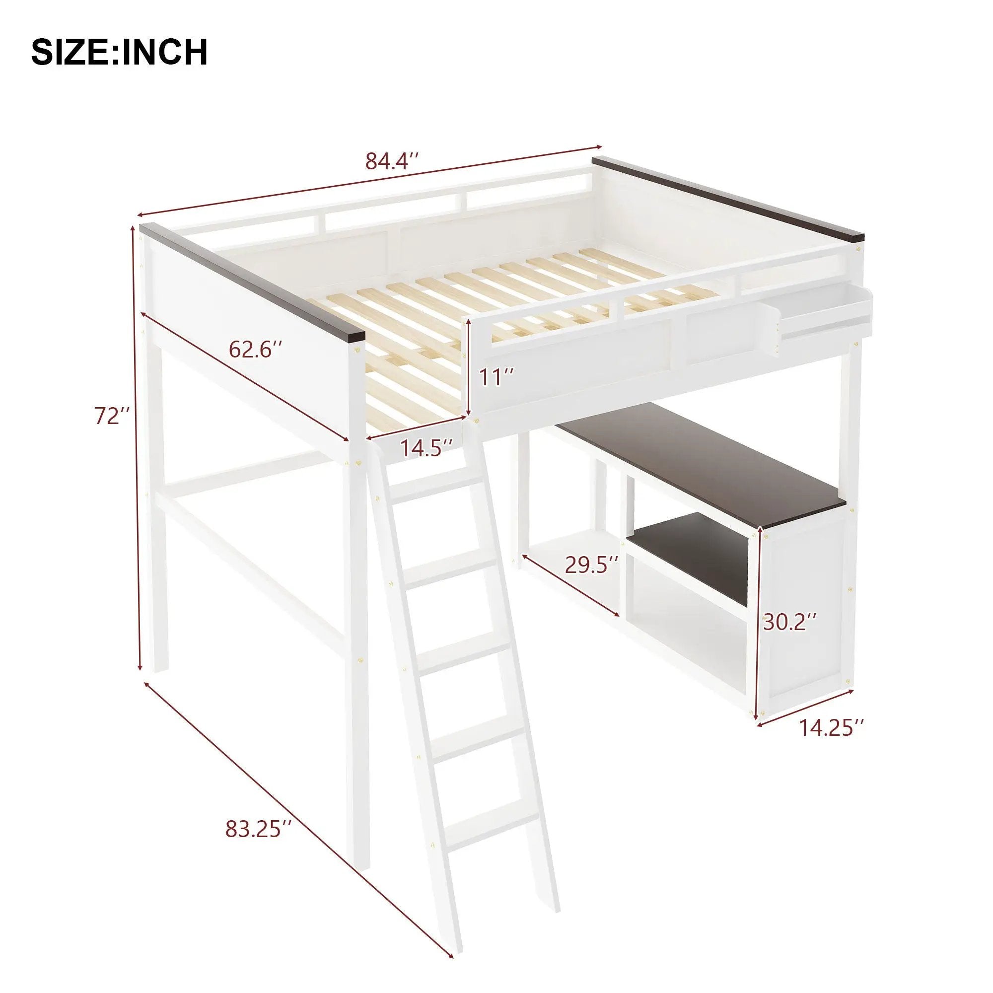 Queen Size Loft Bed With Desk, Open Shelf, Storage Box And USB Charging Station - White by HouseOfZazla