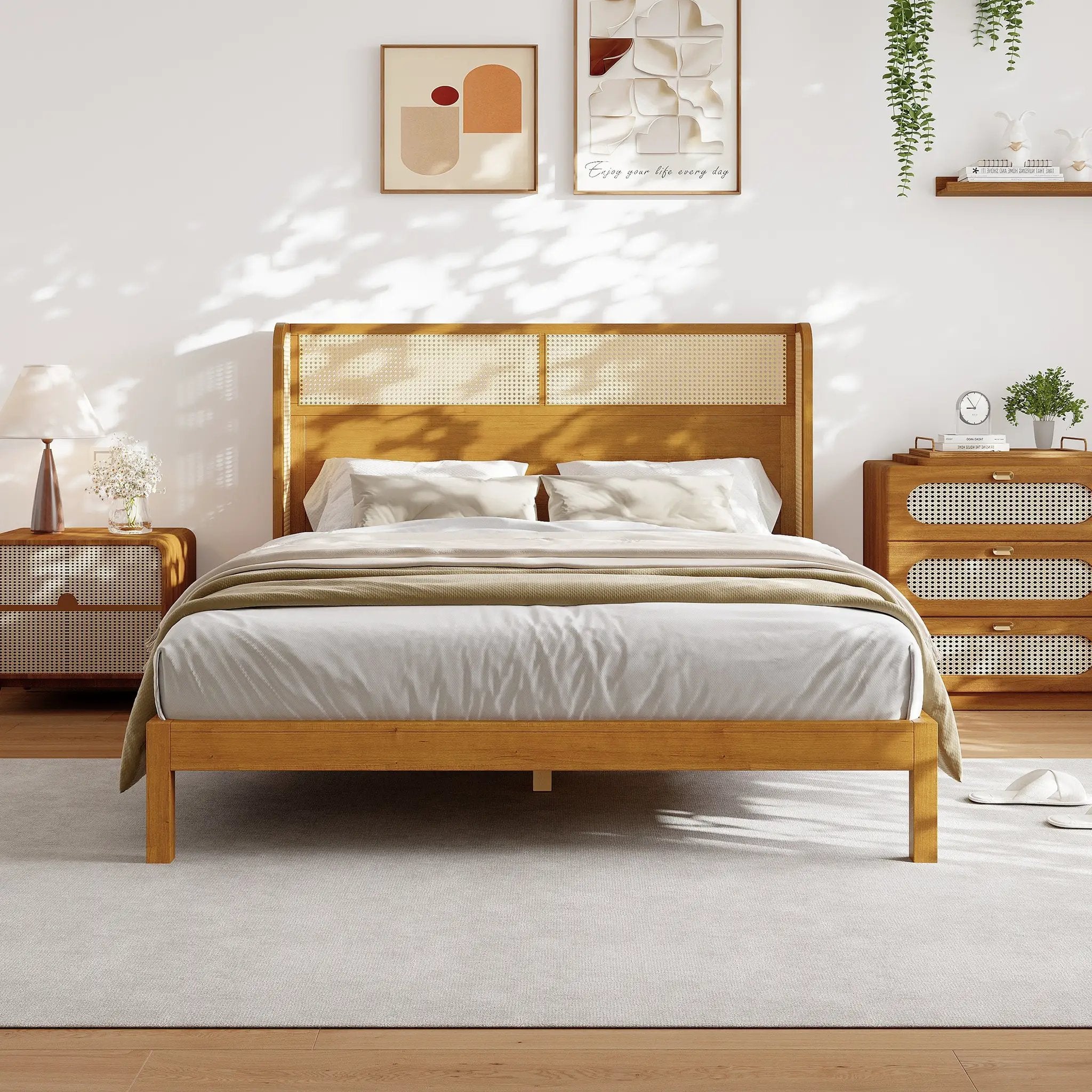 Premium Rubber Wood Platform Queen Bed Frame with Headboard by HouseOfZazla