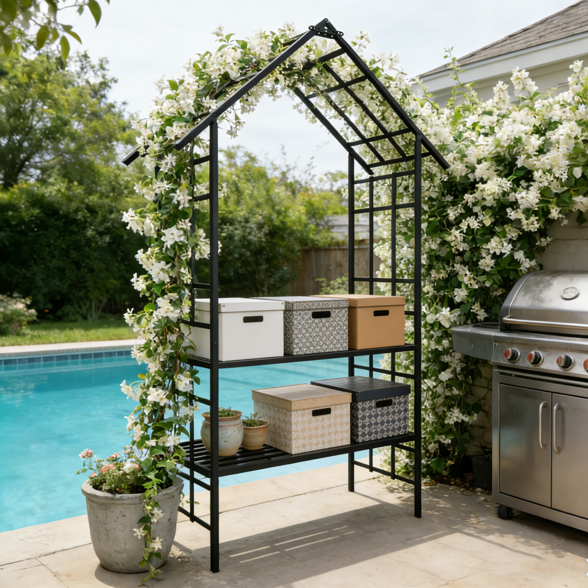 Metal Garden Arch with Bench Turned into Flower Stand by HouseOfZazla