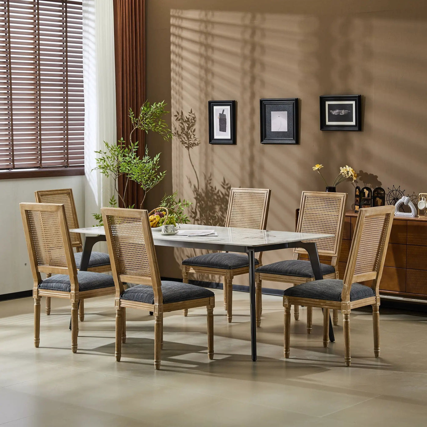 French Country Dining Chair With Rectangular Cane Backrest And Smooth Upholstered Seating by HouseOfZazla