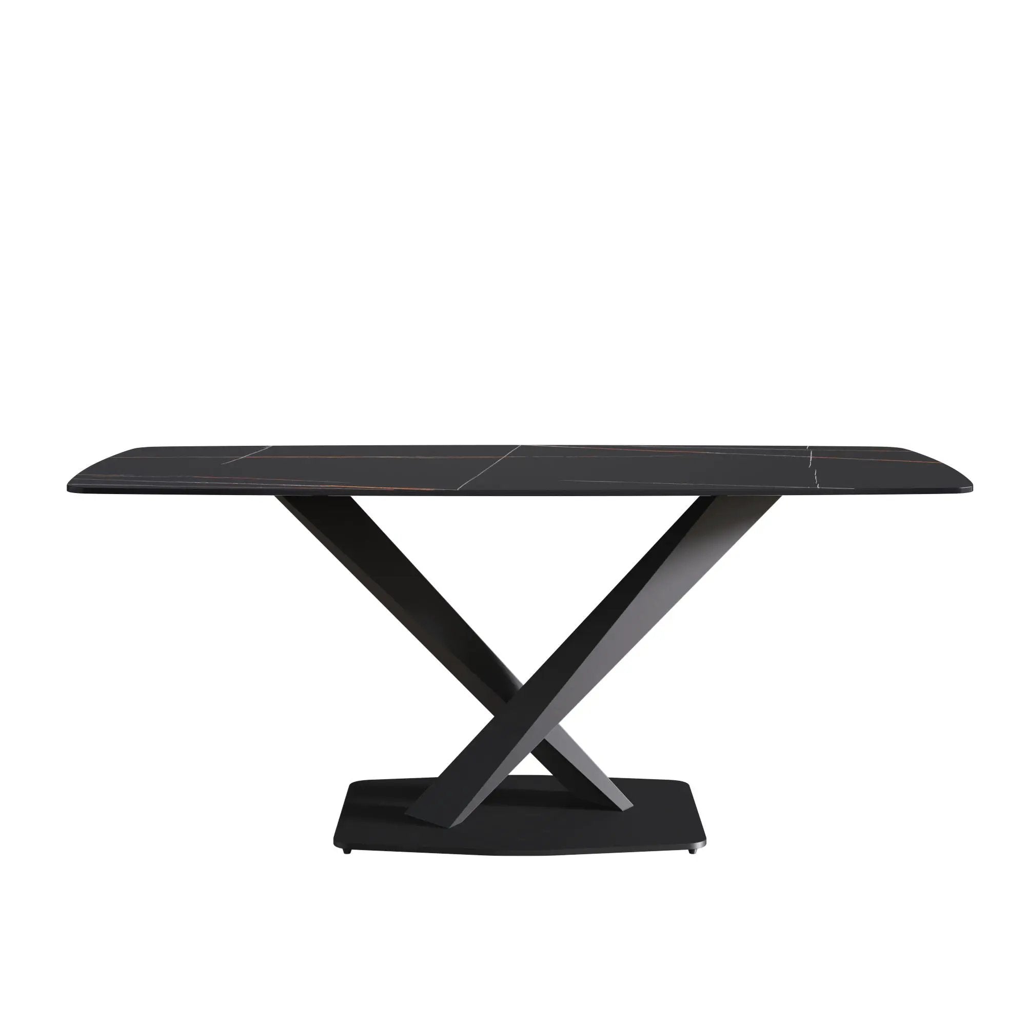 70.87" Modern Artificial Stone Black Curved Black Metal Leg Dining Table, Can Accommodate 6-8 People - Black by HouseOfZazla