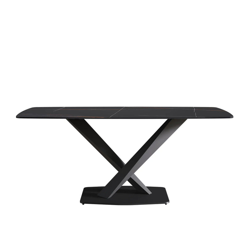 70.87" Modern Artificial Stone Black Curved Black Metal Leg Dining Table, Can Accommodate 6-8 People - Black by HouseOfZazla