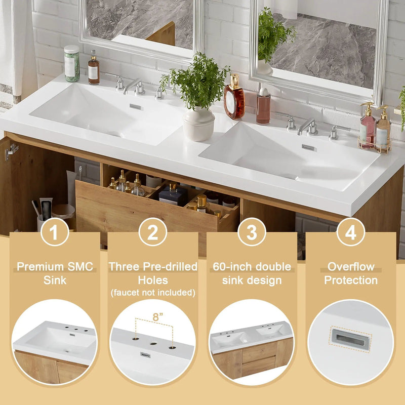 Double Sink Bathroom Vanity, Cabinet & Soft Close Doors, Divided Drawers, Wall Mounted Storage - Wood by HouseOfZazla