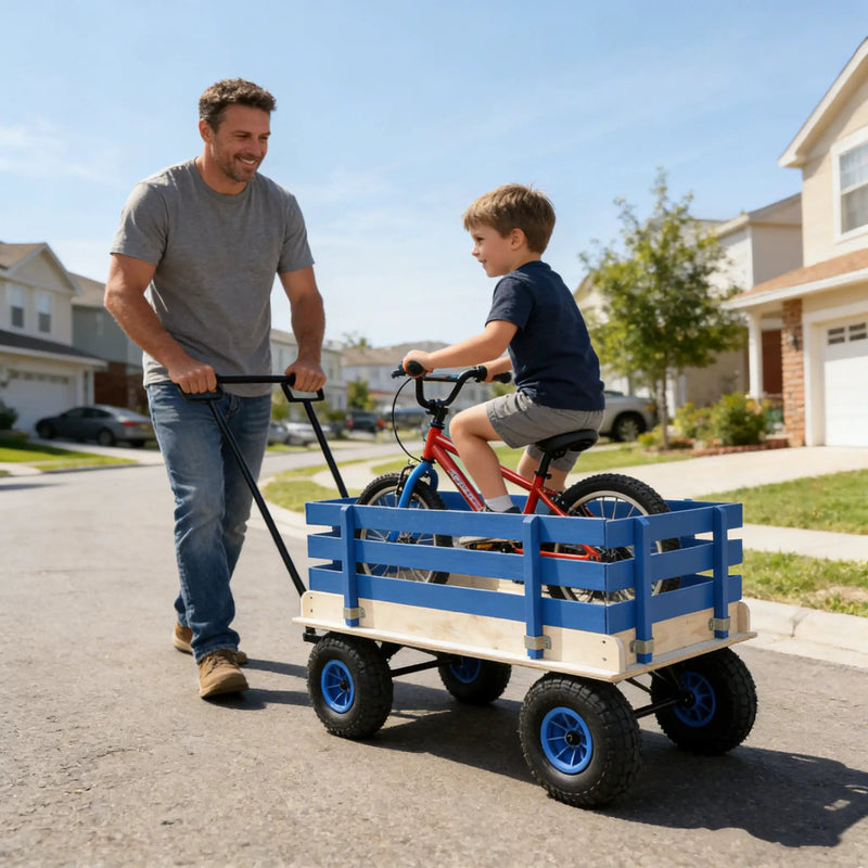 Blue Wooden Kids Pull Wagon with Removable Side Rails & All Terrain Wheels by HouseOfZazla