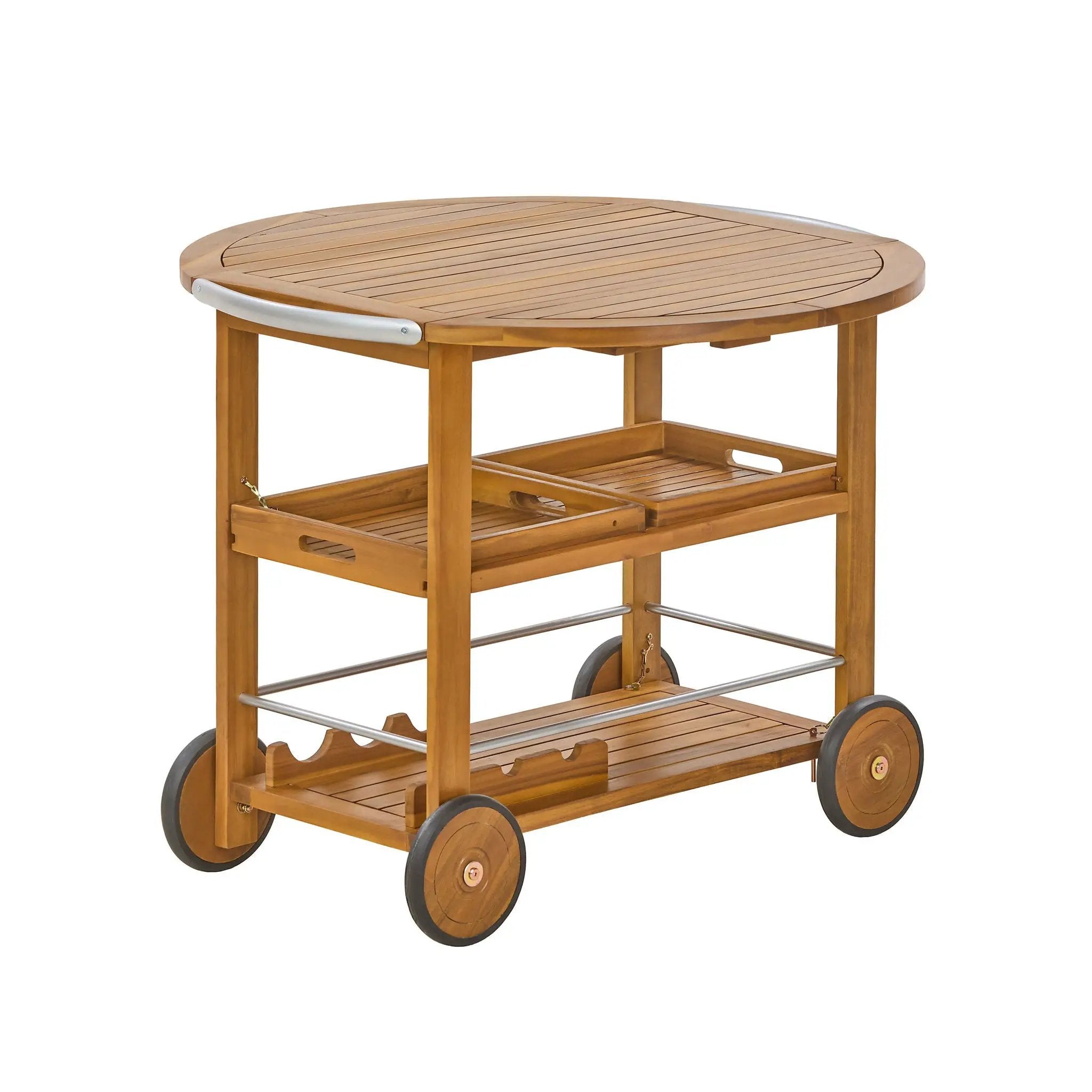 Outdoor Bar Cart With Foldable Tabletop & Removable Trays - Teak by HouseOfZazla