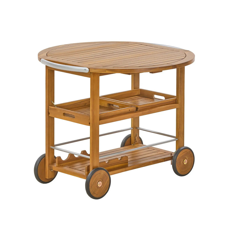 Outdoor Bar Cart With Foldable Tabletop & Removable Trays - Teak by HouseOfZazla