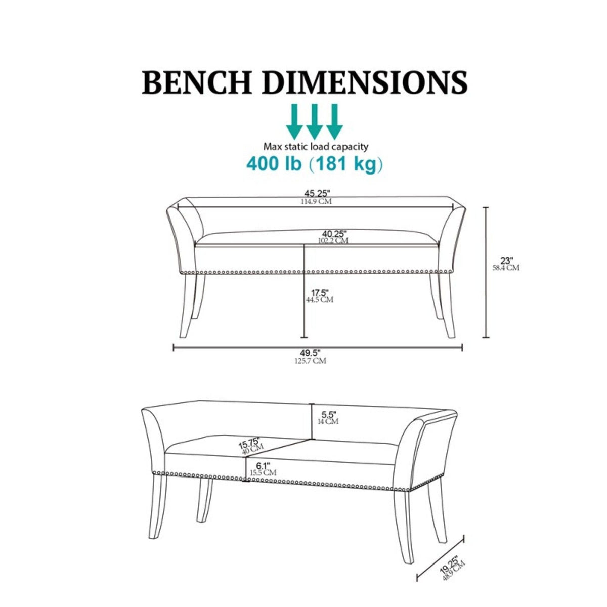 Welburn Upholstered Bench with Low Back and Flared Arms - Blue, Light Blue, or Beige, photo 10 of 32