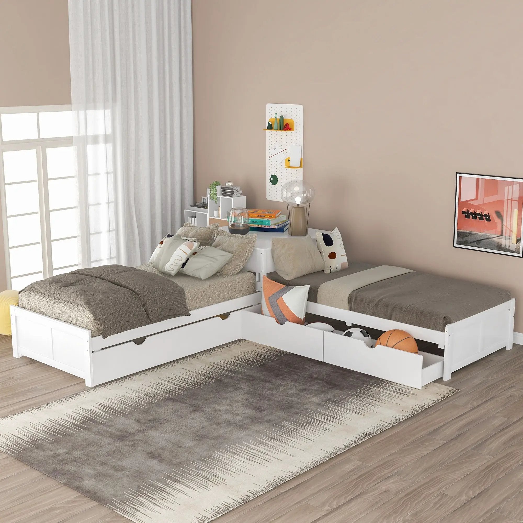 L Shaped Platform Bed With Trundle And Drawers Linked With Built In Desk by Unique Piece Furniture