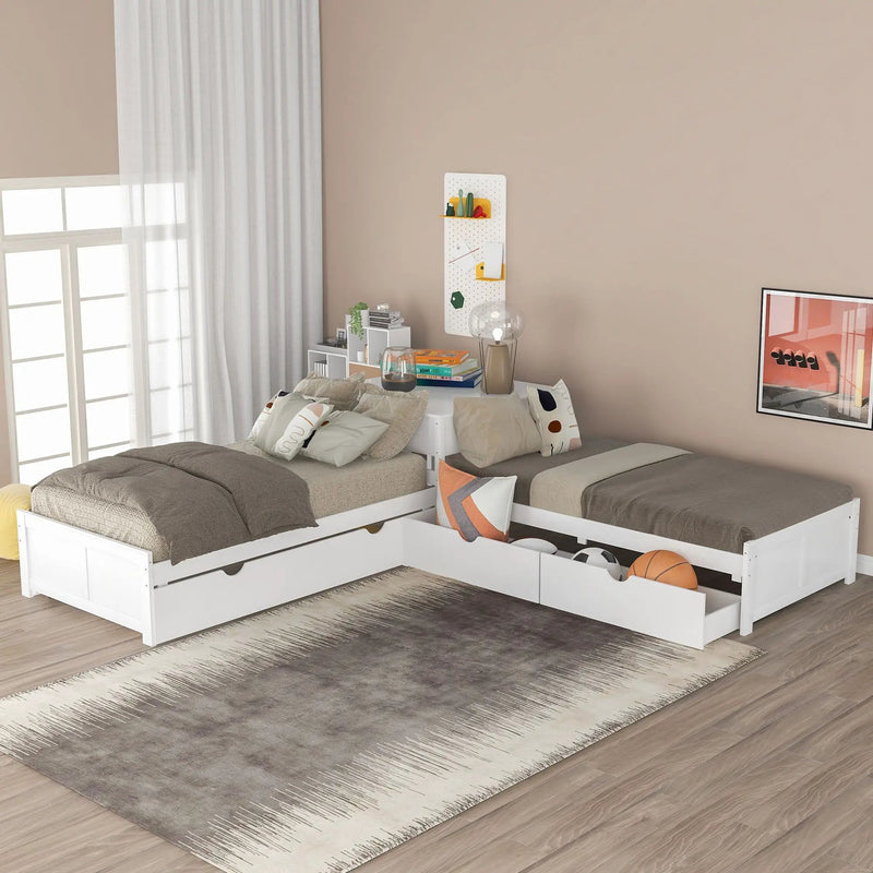 L Shaped Platform Bed With Trundle And Drawers Linked With Built In Desk by HouseOfZazla
