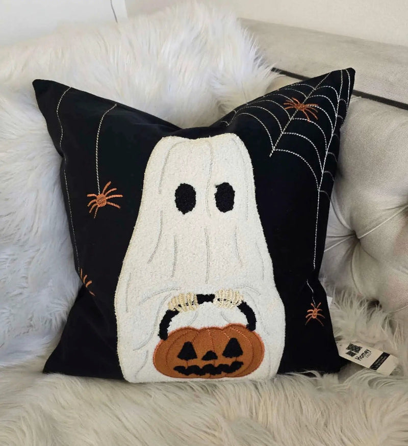 Halloween Ghost With Pumpkin Bucket Throw Pillow by HouseOfZazla