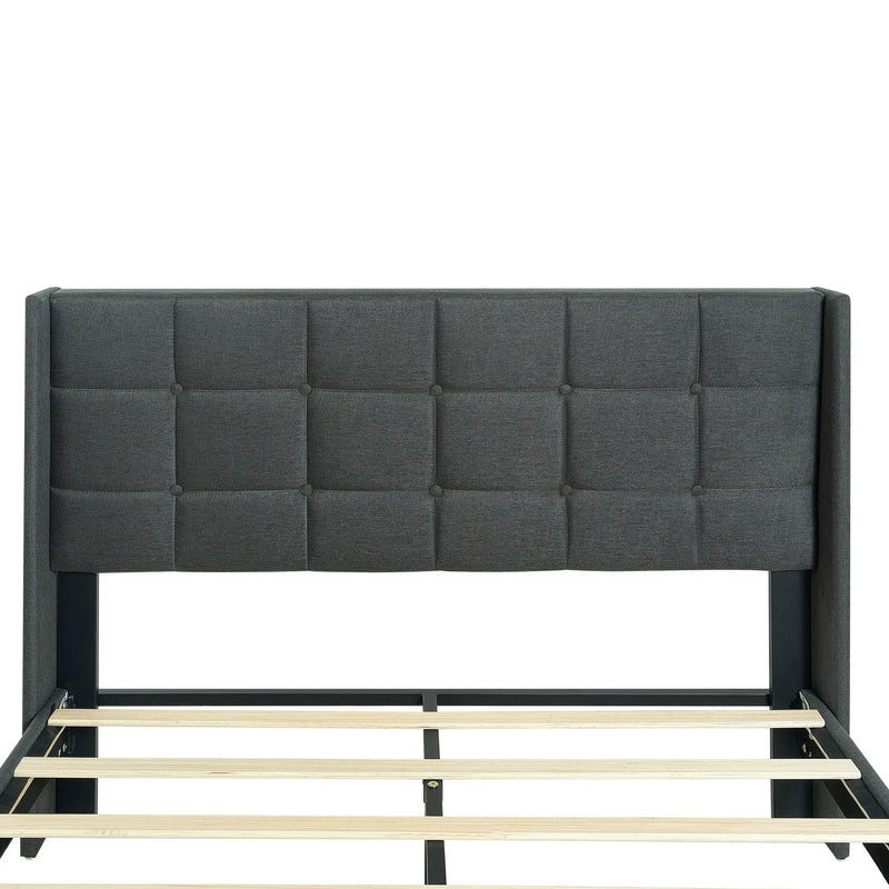 Queen Size Upholstered Platform Bed Frame With Button Tufted Linen Fabric Headboard - Dark Gray by Unique Piece Furniture