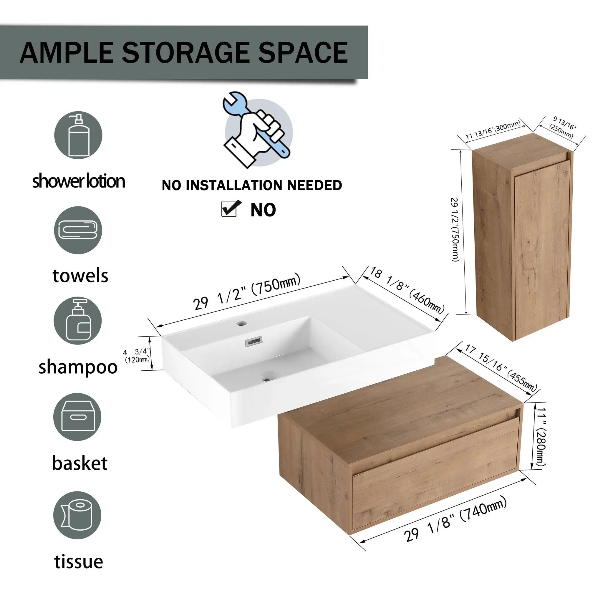 Modern Wall Mounted Bathroom Vanity With Resin Sink And Side Cabinet, Soft Close Drawer, Imitative - Imitative Oak by Unique Piece Furniture