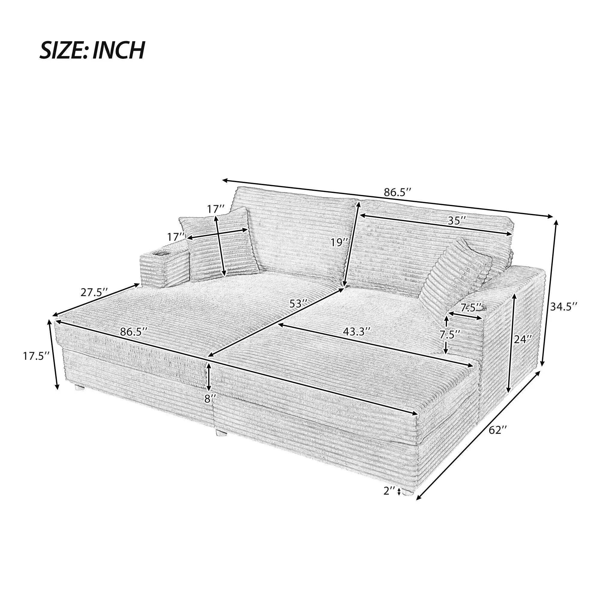 Oversized Loveseat Chaise With 2 USB Ports, 2 Cup Holders And 2 Throw Pillows by HouseOfZazla