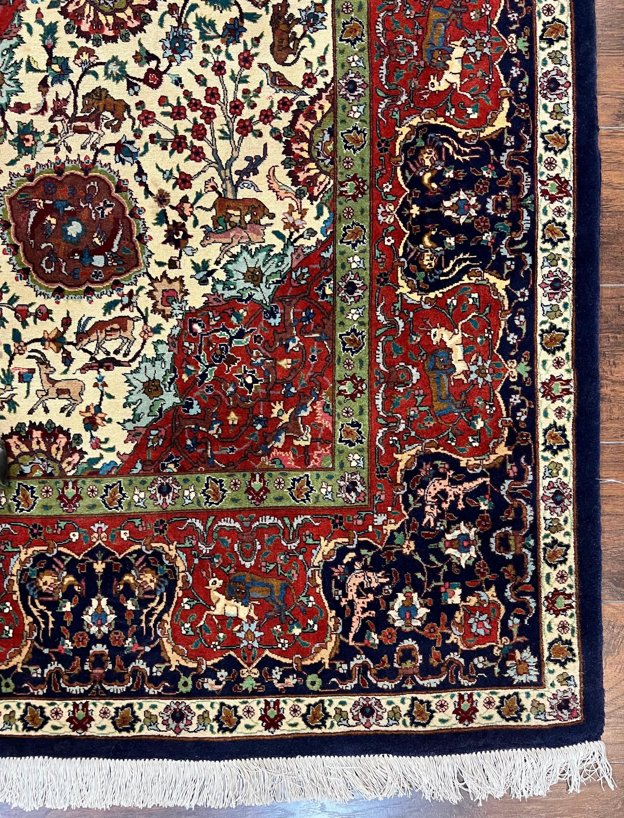 Wonderful Sino Persian Rug 6x10 with Animal Pictorial Motifs, Cream Dark Red Navy Blue, Birds Gazelles, Two Medallions, Top Quality Handmade by Jewel Rugs
