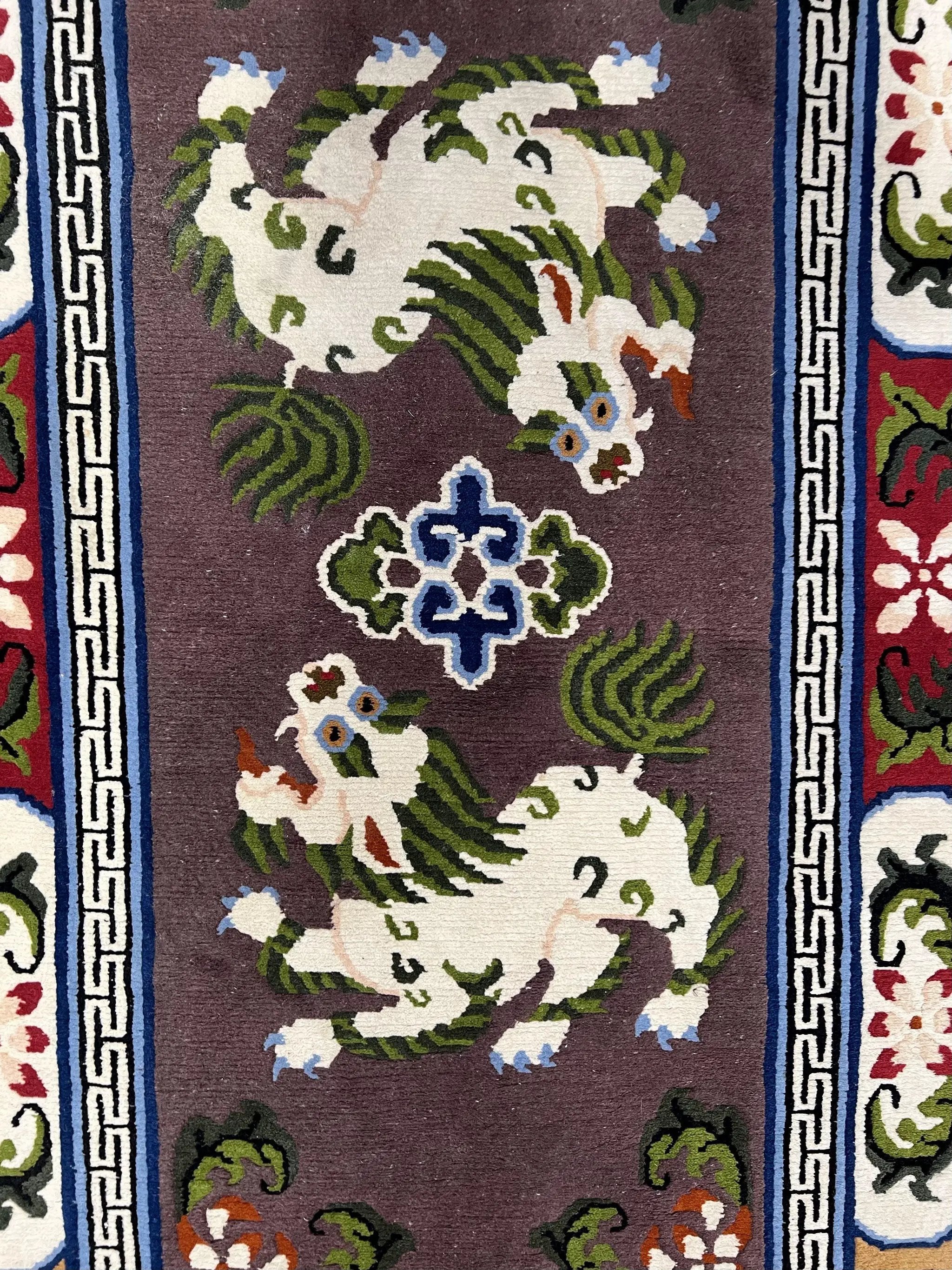 Chinese Art Deco Rug 3 x 5.5 with Animal Pictorials, Vintage Chinese Peking Wool Area Rug, Dark Puce Maroon Ivory, Hand Knotted Soft Carpet by Jewel Rugs