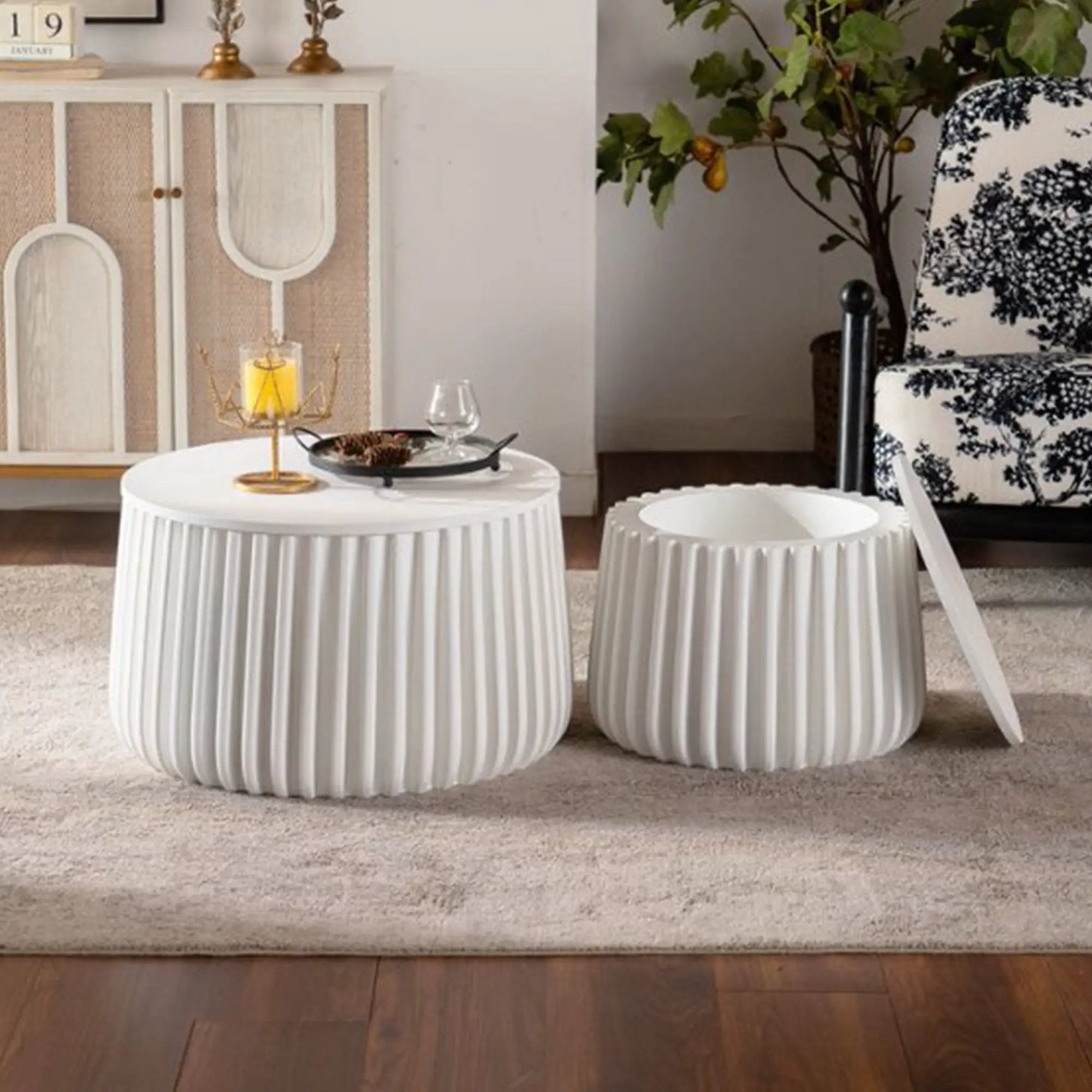 White Round Storage Table Set with Lift-Off Lid by HouseOfZazla