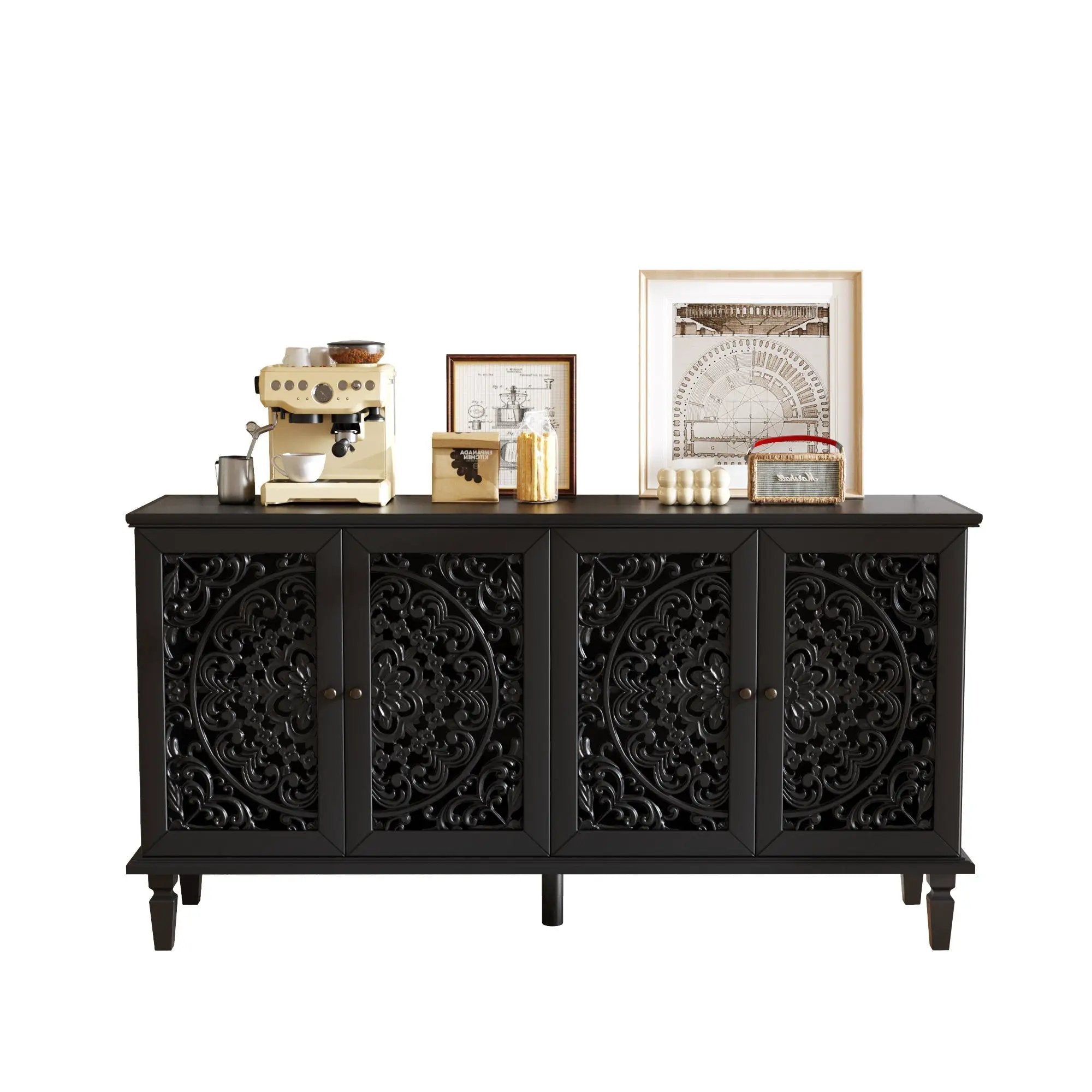 60" Antique Buffet Cabinet with Floral Carvings by HouseOfZazla