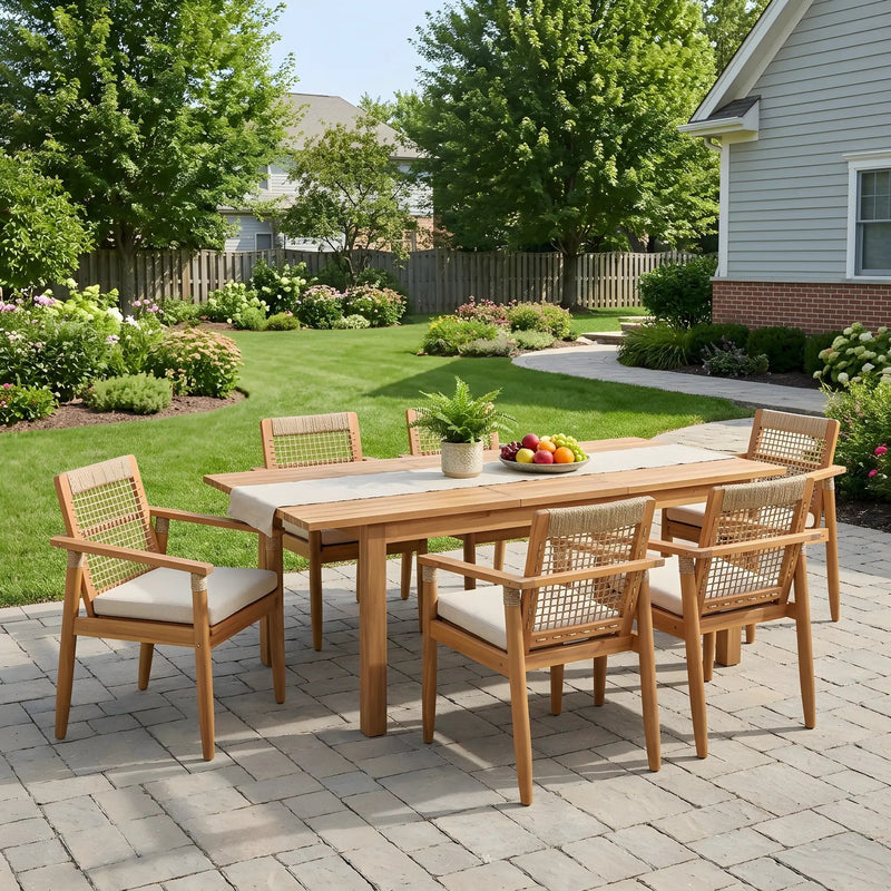 7 Pieces Acacia Wood Outdoor Dining Set with Cushions by HouseOfZazla