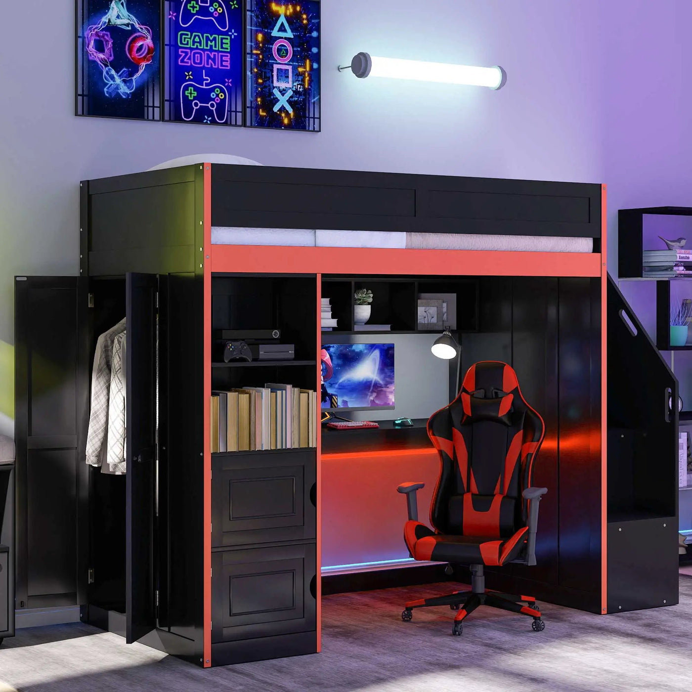 Gaming Loft Bed With Desk And Storage, LED Lights by Unique Piece Furniture