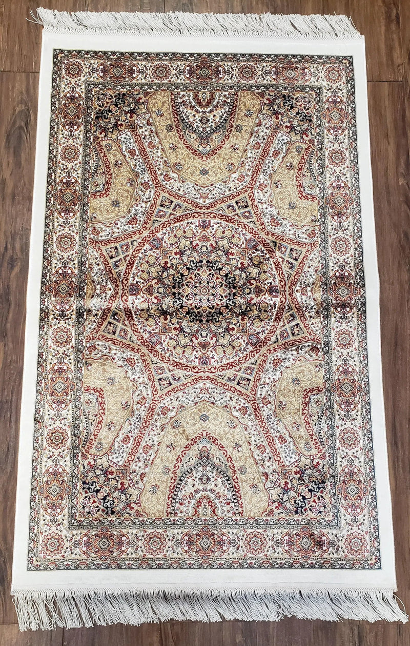 Persian Design Silk Accent Rug, Dome Medallion, Allover Pattern Oriental Carpet, Small Silk Rug, Cream, Ivory, Bamboo Silk, 2' 8" x 4' 1" by Jewel Rugs