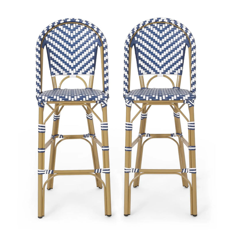 Outdoor Rattan French Barstool Set - Navy Blue & White by HouseOfZazla