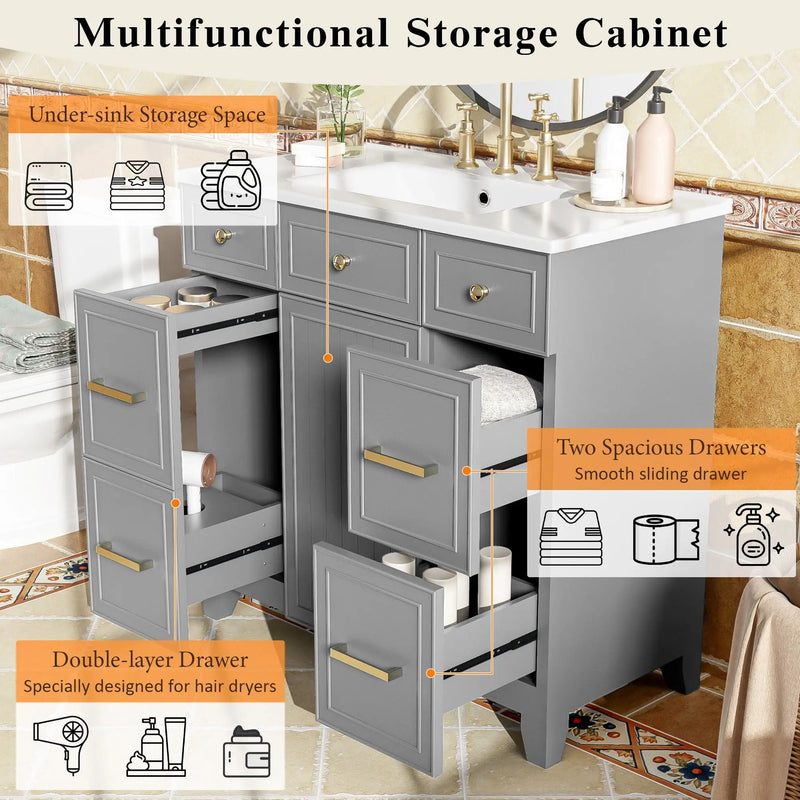 Bathroom Vanity With Ceramic Sink, Soft Close Doors, Adjustable Shelves