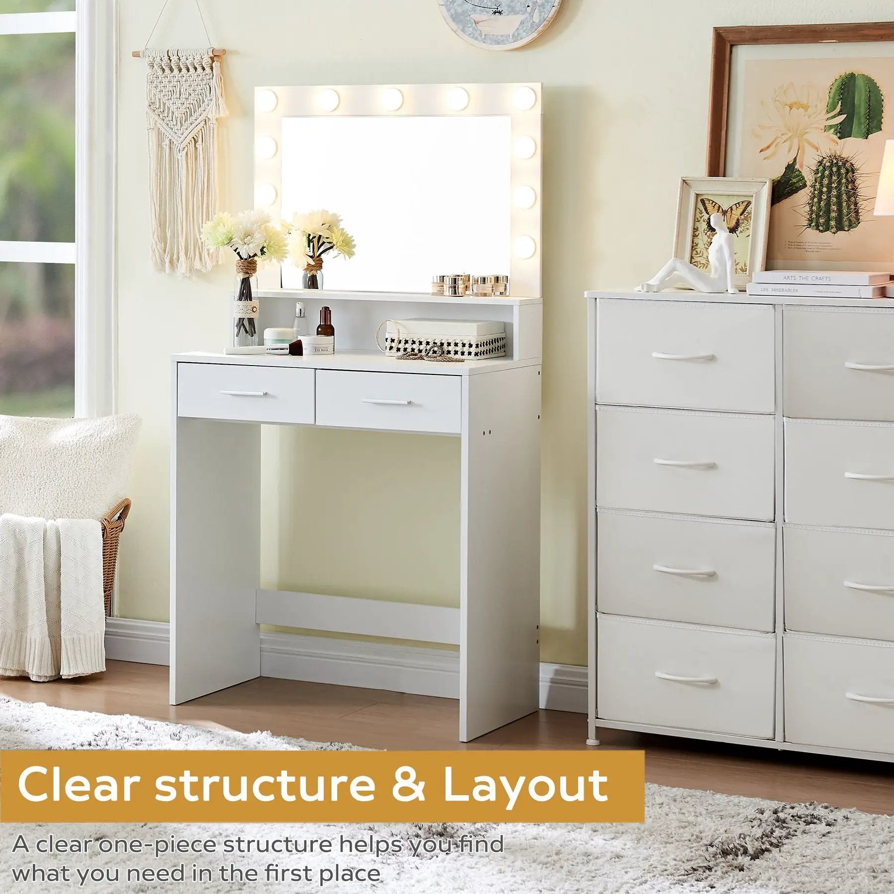 Vanity Desk With Mirror And Lights, Dressing Table With Large Drawer, 2 Level Storage Dresser & 3 Lighting Modes Adjustable Brightness, Suitable For Bedroom by Unique Piece Furniture
