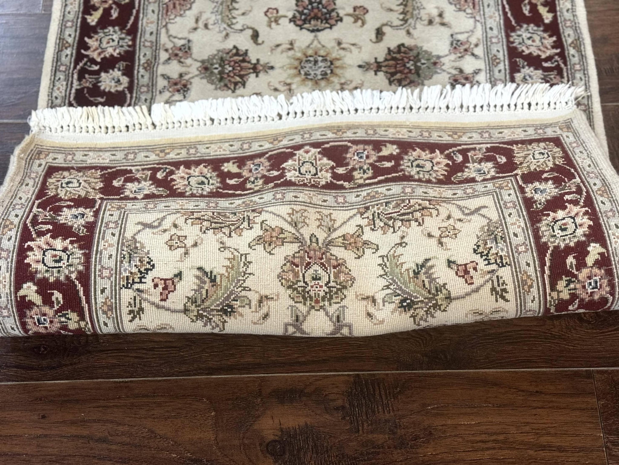Pak Persian Runner Rug 2.8 x 8, Handmade Vintage Carpet, Beige and Maroon, Wool and Silk Highlights by Jewel Rugs